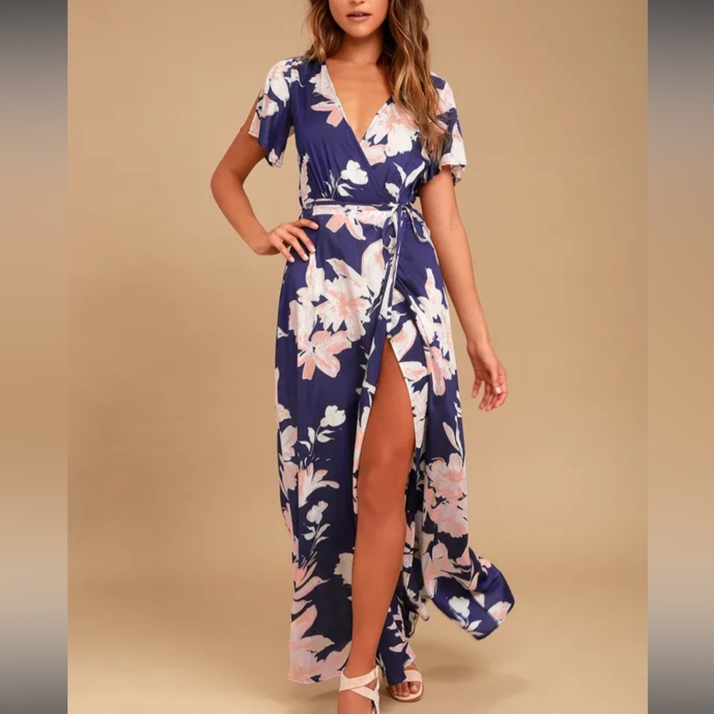 LULU’S Azalea Regalia Navy Blue Floral Print Wrap Maxi Dress